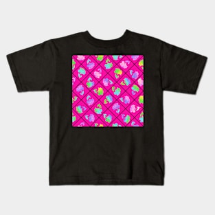 Window Pane Diagonal Floral Black Line on Hot Pink Kids T-Shirt